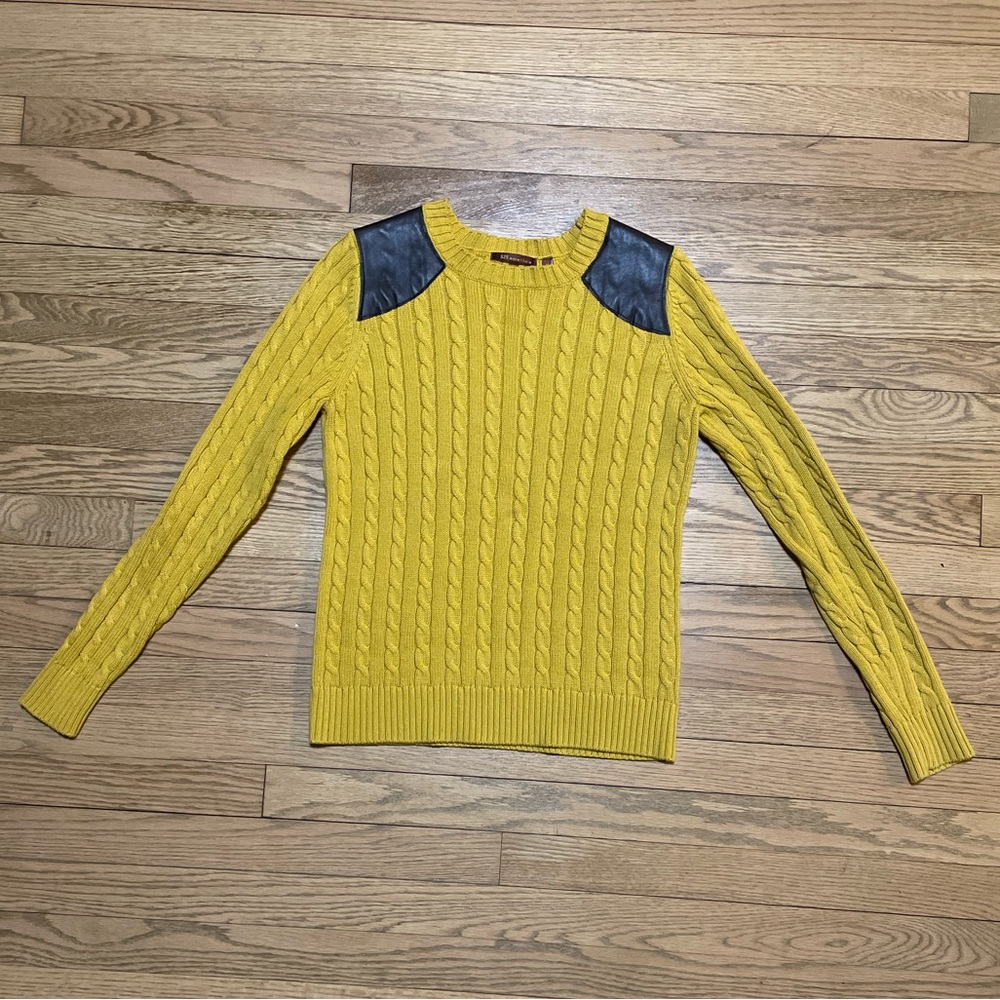 525 AMERICA - 100% Cotton Mustard Yellow Sweater w/ genuine leather detailing